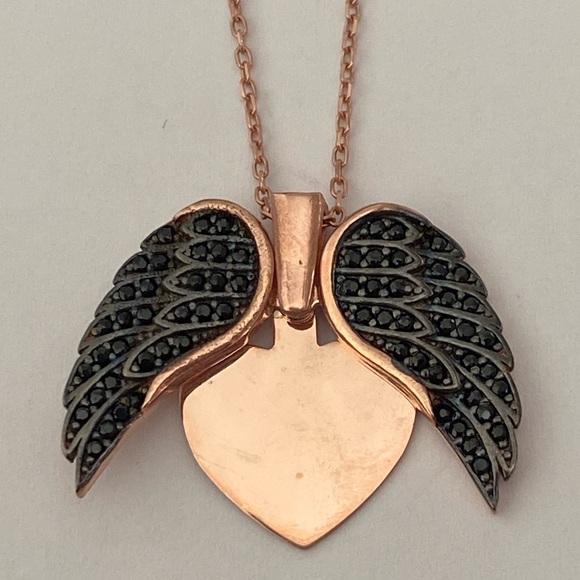 925 Silver angelwing heart initial double heart necklace 14K rose gold plated - Picture 4 of 7